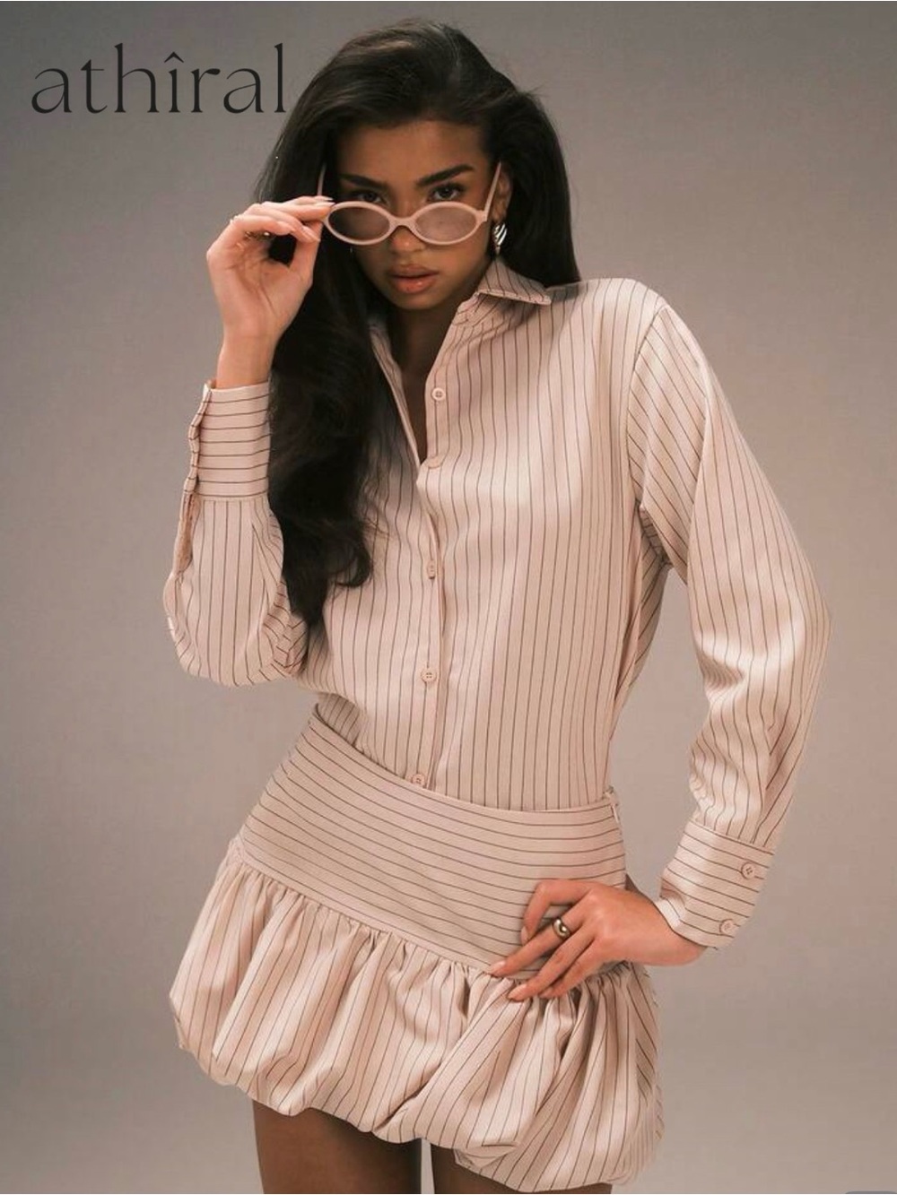 Beige Pinstripe Button-Down Top